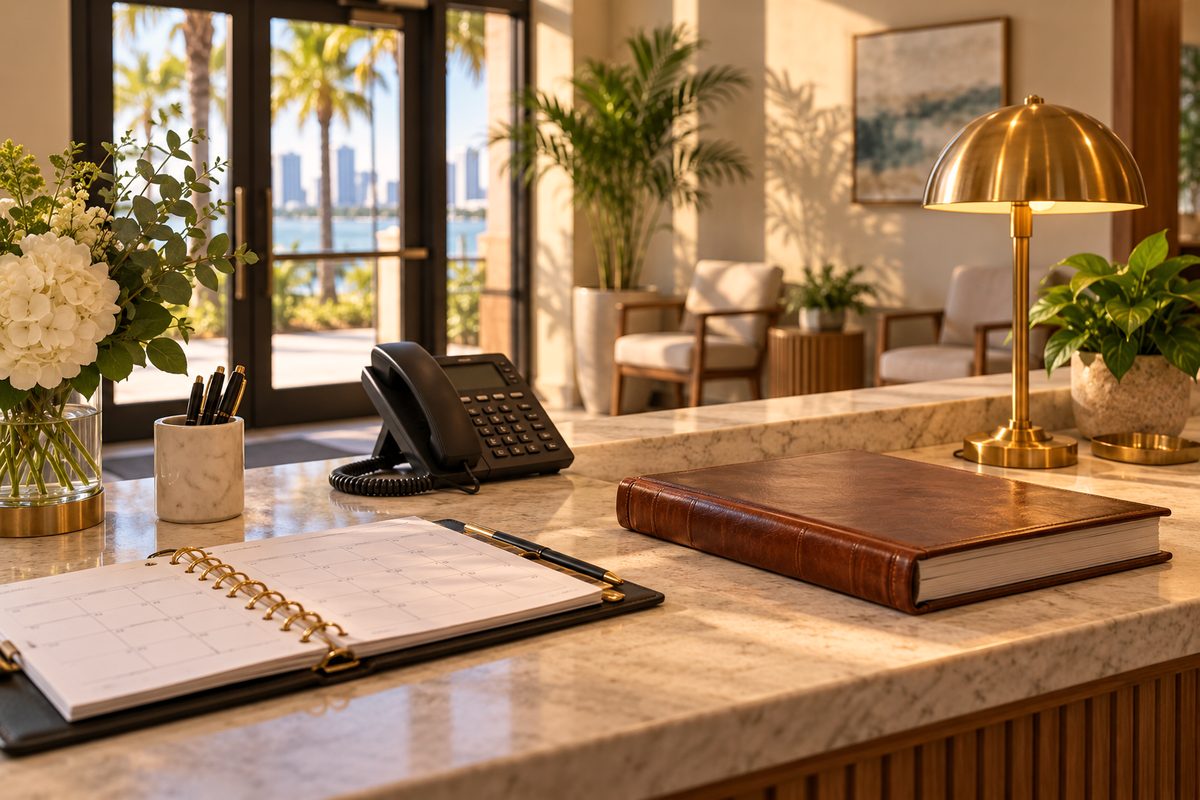 Clinical intake coordination desk with appointment ledger and direct telephone in Tampa.