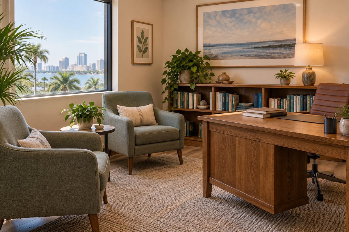 Quiet consultation room with oak desk and armchairs at Zelguora oncology practice.
