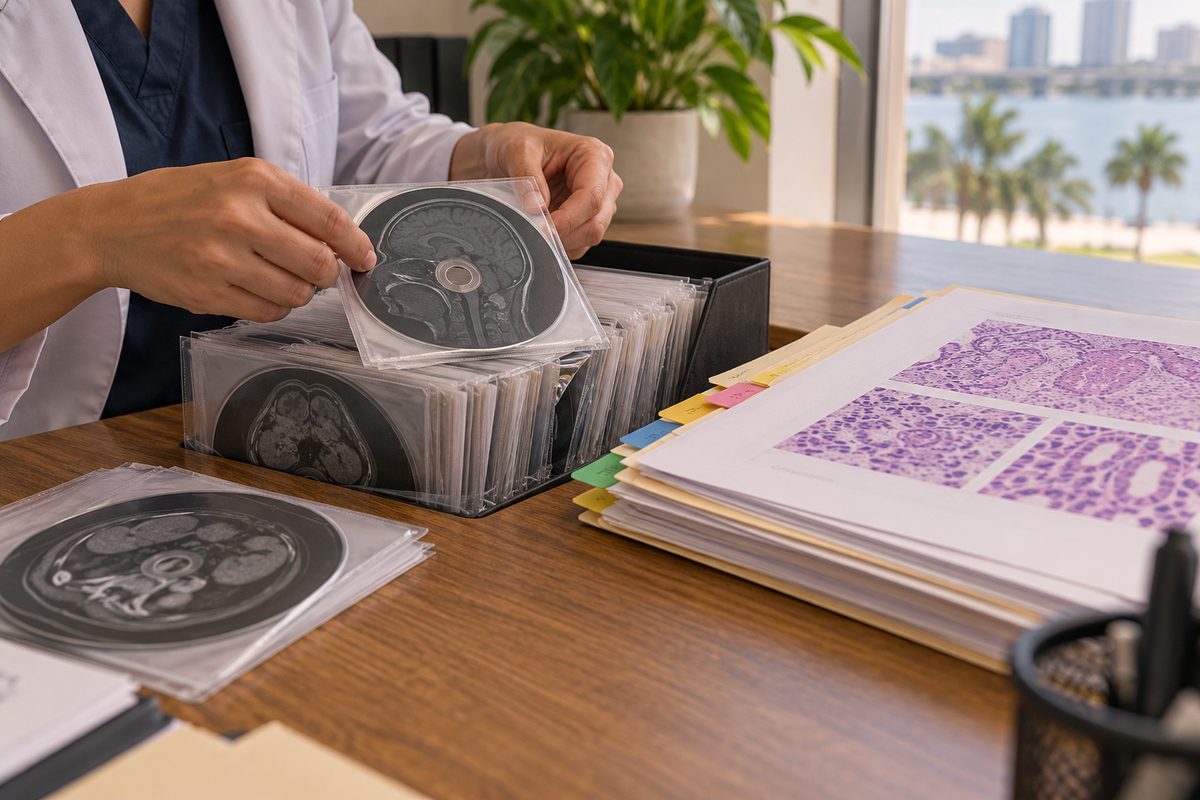 Carefully organized radiological imaging discs and surgical pathology documents in clinical folder.