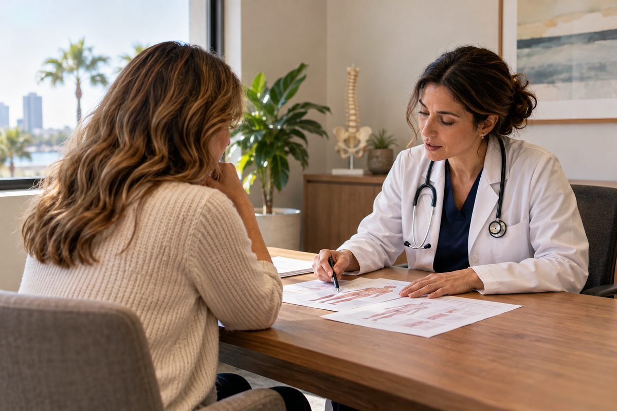 Oncologist and patient seated at desk discussing treatment protocols.